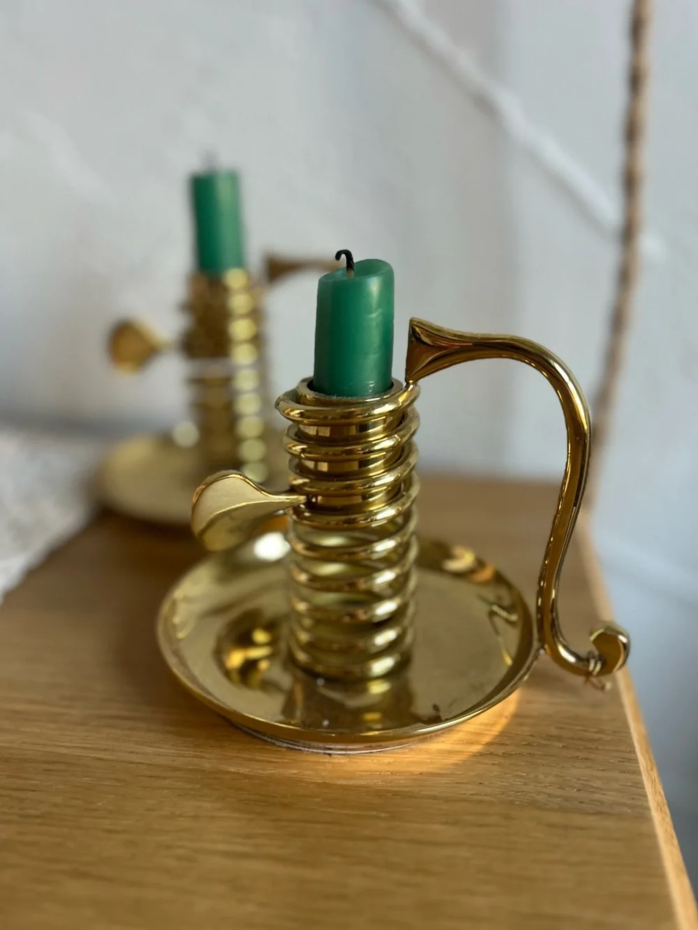 Vintage Gold Tone Coil Candlestick Holders Pair Design Chamberstick Candle